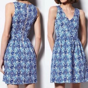 Milly for Design Nation Banvin Blue White Floral Sleeveless Fit Flare Dress 8